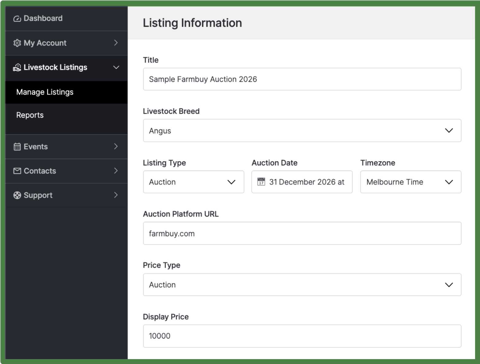 Auction Listing Information Page