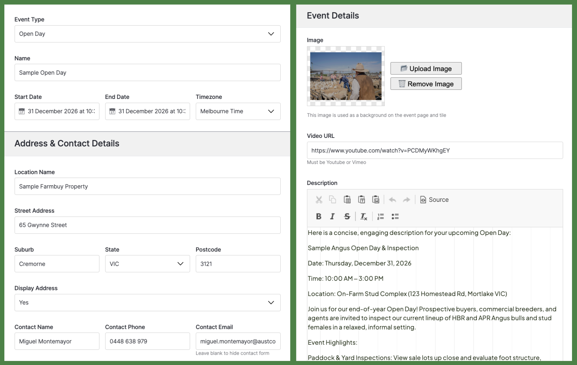 Manage Events Page