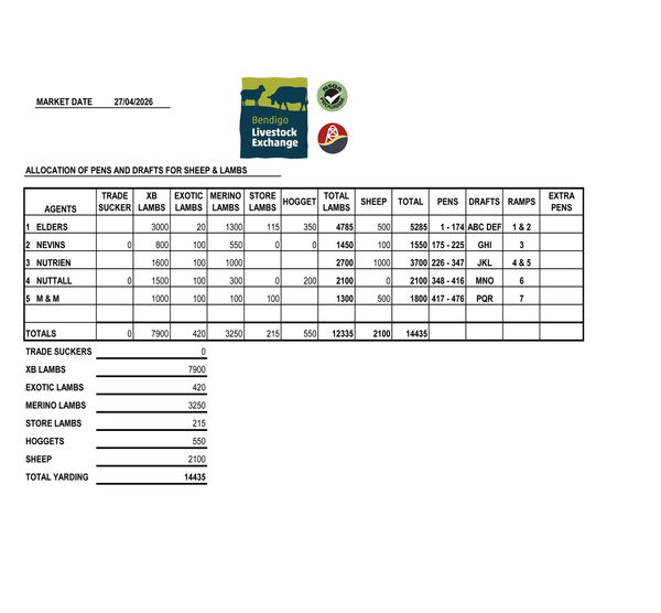 Bendigo Livestock Exchange: 14,435 Head Sheep & Lamb Sale – 27 April 2026